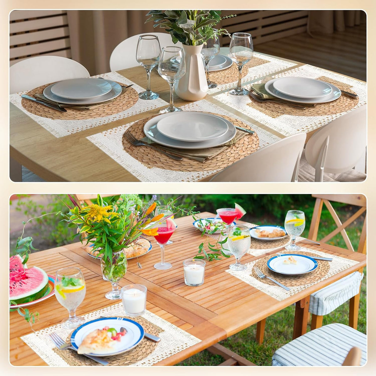 100 Pcs Boho Disposable Paper Placemats Set Round Braided Rattan Woven Place and Rectangle Burlap Printed Farmhouse Table Mats for Kitchen -