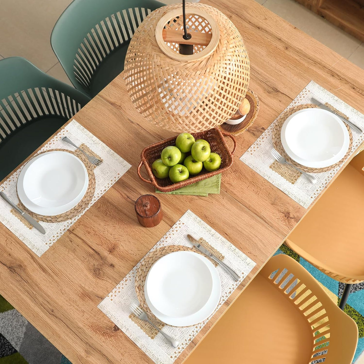 100 Pcs Boho Disposable Paper Placemats Set Round Braided Rattan Woven Place and Rectangle Burlap Printed Farmhouse Table Mats for Kitchen -
