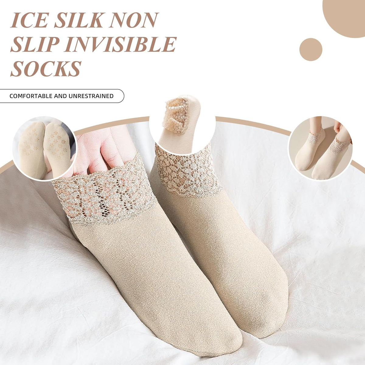 3Pairs Lace Socks No Show Frilly Ankle Knit Cotton Non Slip Low Cut for Women Floor Beige One Size