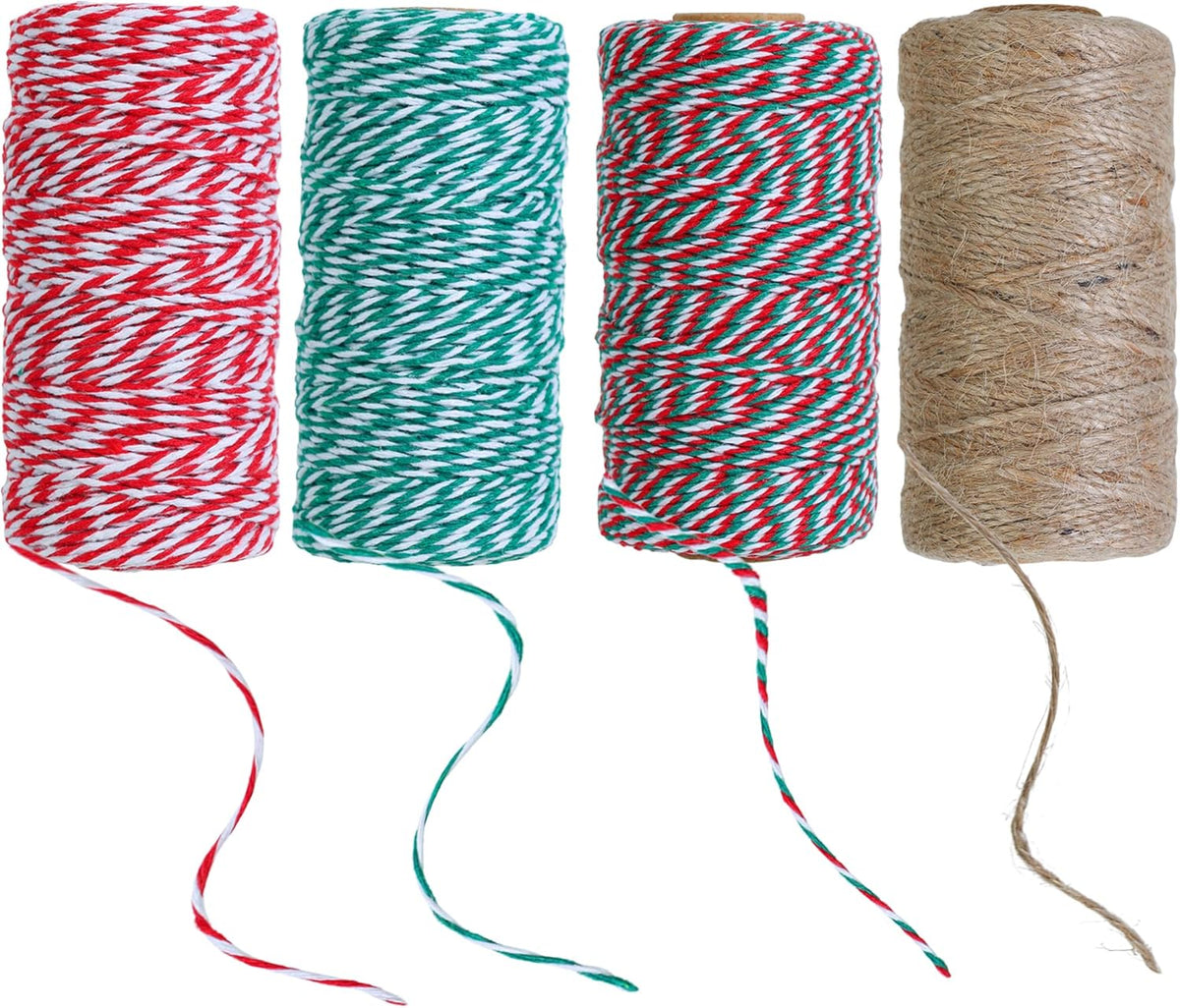Twine String 4 Rolls Christmas Wrapping Cotton 1312 Feet Colored Rope for Bakers Creative Projects Crafts Gardening Gift DIY Packing Decoration Red,green,white,yellow