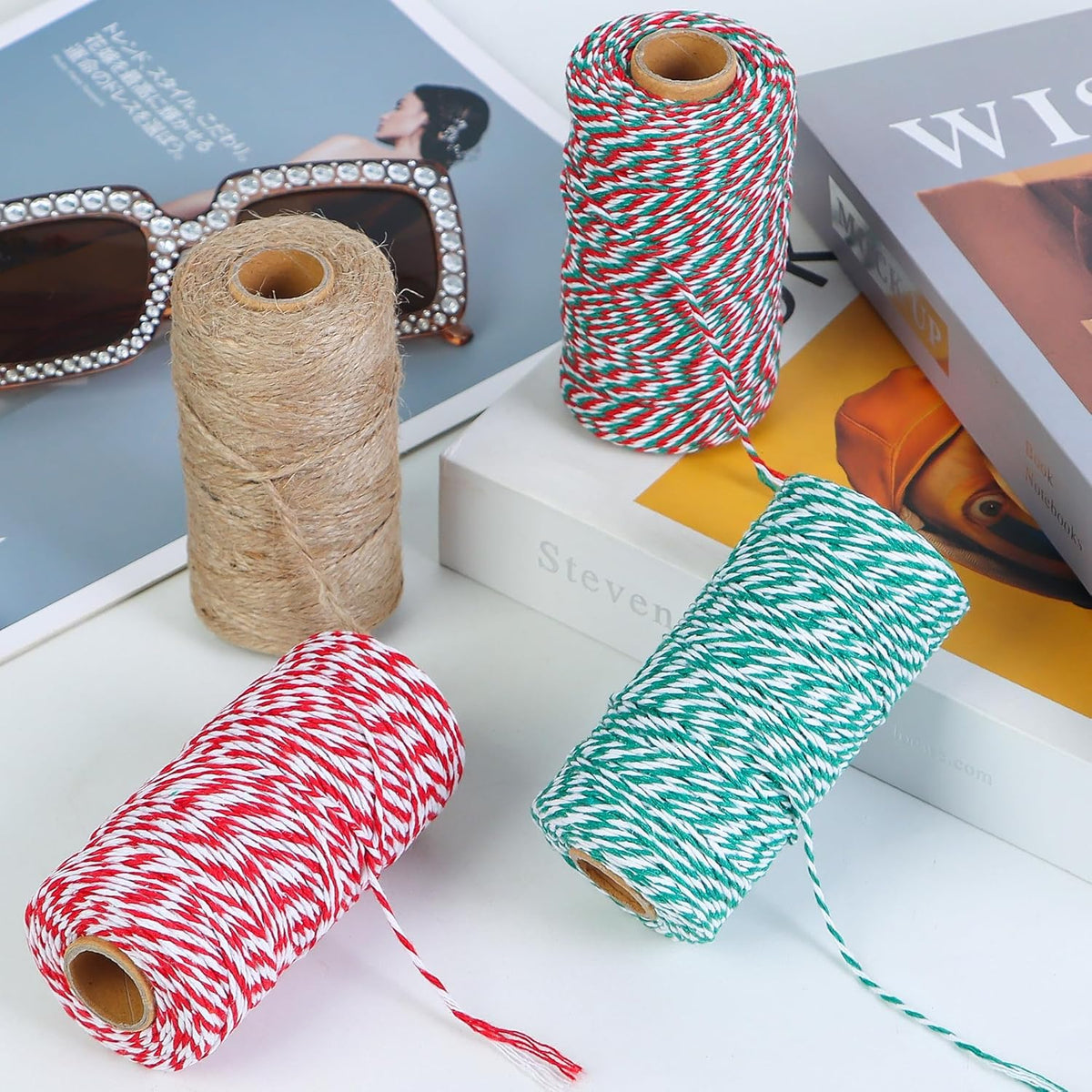 Twine String 4 Rolls Christmas Wrapping Cotton 1312 Feet Colored Rope for Bakers Creative Projects Crafts Gardening Gift DIY Packing Decoration Red,green,white,yellow