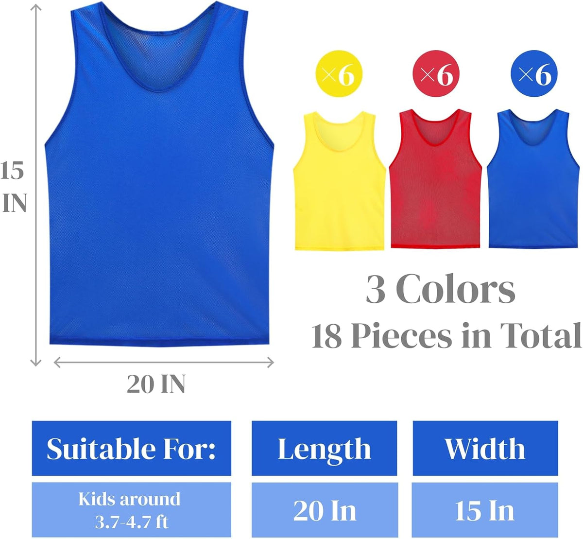 18 Packs Youth Team Pinnies, Kids Scrimmage Training Vest, Pennies, Jerseys Mesh Practice Vests for Basketball, Soccer, Football, Volleyball, 3 Colors