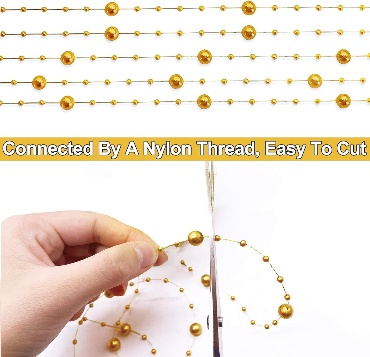 Artificial pearl beads chain - Pearl beads - Suitable for light blue weddings, bridal bouquets, DIY crafts, table decorations, Christmas decorations - Gold - 60 metres