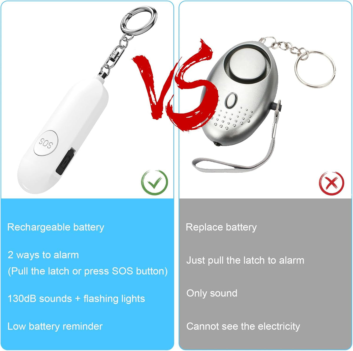 Alarm - Torch - 2-pack - 130dB - Personal alarm - Security alarm - Rechargeable - Emergency siren - with LED light - Keychain - (Black & White)