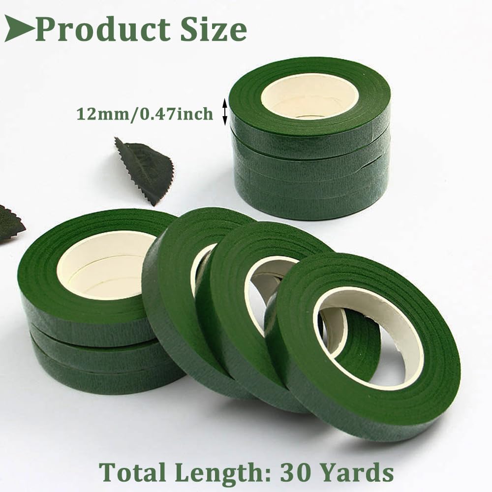 3 rolls of flower tape - 12 mm wide dark green flower tape for wrapping bouquet stems and DIY crafts - 30 metres per roll