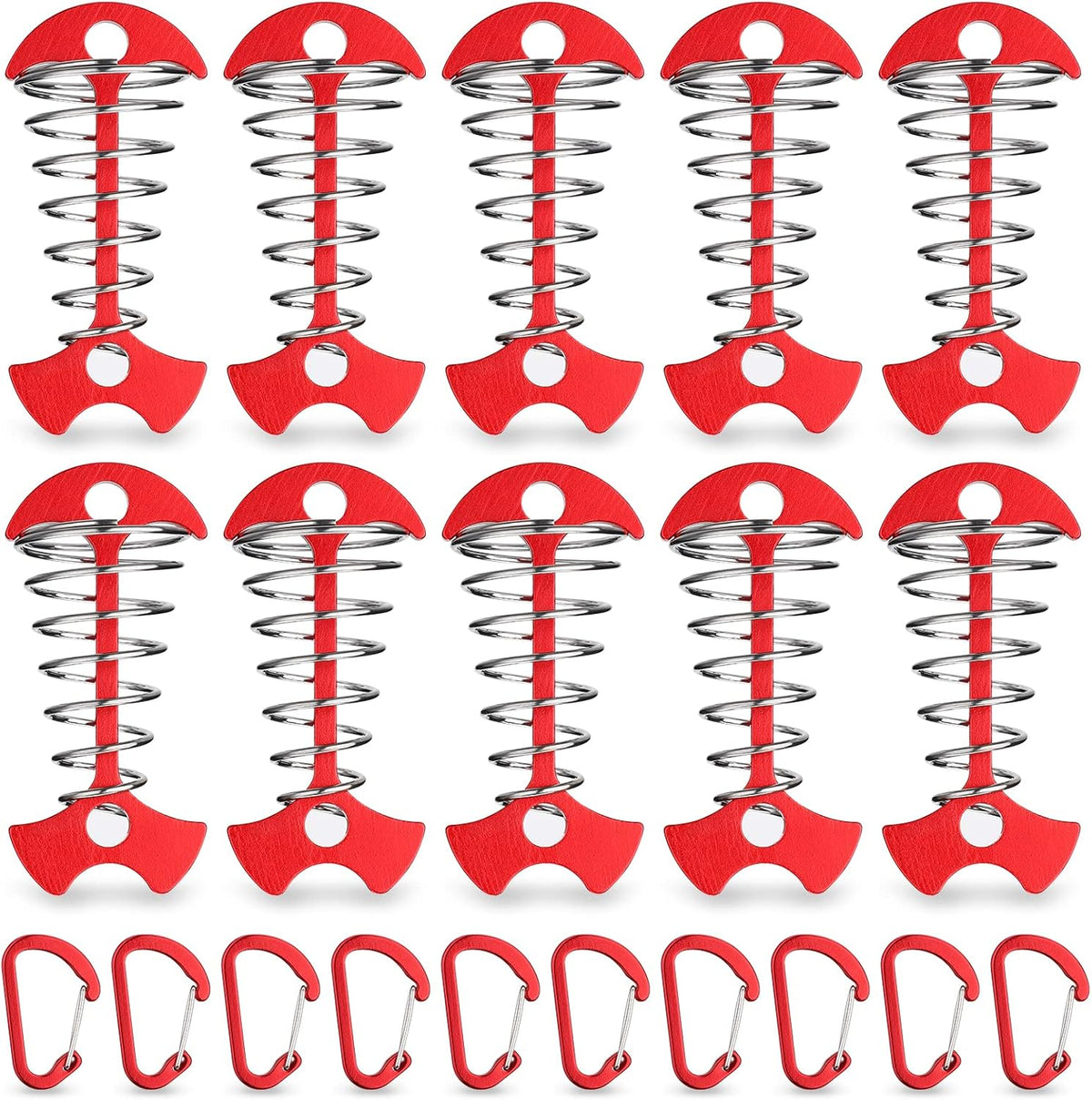 Carabiner Hook - Red - 10-pack - Ceiling Anchor with Carabiner Hook - Aluminium - Anchor - Spring Pin - Camping - Outdoor - Fishbone - Tent Anchor - Tent Rope - Spanner - Fishing Line - Adjuster - Pin