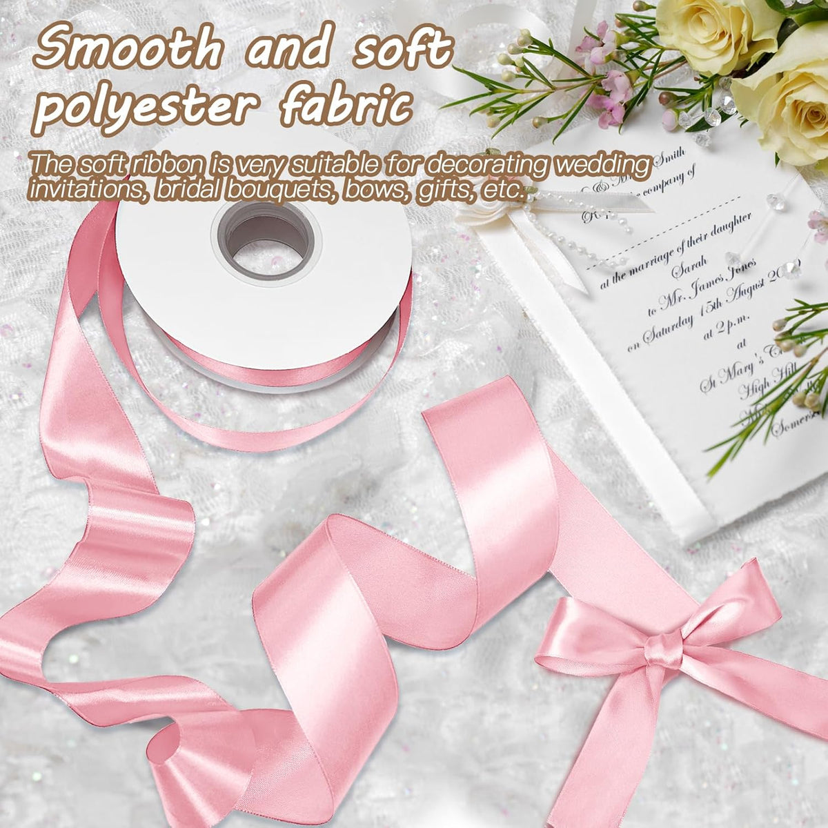 Biaungdo Light Pink Satin Ribbon 1-1/2 Inch, 60 Yards Silk Ribbon for Gift Wrapping, Silky Polyester Fabric for Crafts Wedding Flower Bouquet Party Bows Making Decoration