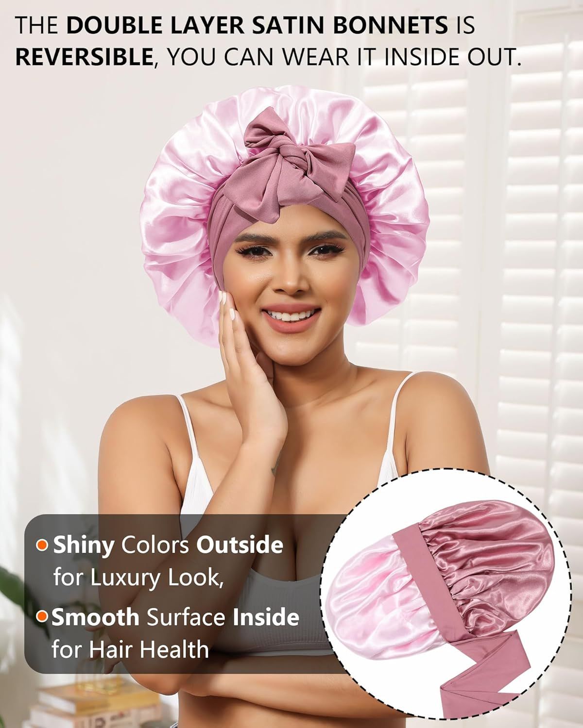 Satin Bonnets Silk Bonnet or Sleeping Women Hair Bonnet or Curly Hair Sleep Cap Reversible Double Layer Bonnets with Tie Band (Bean Paste Pink Bonnet + Satin Scrunchies)