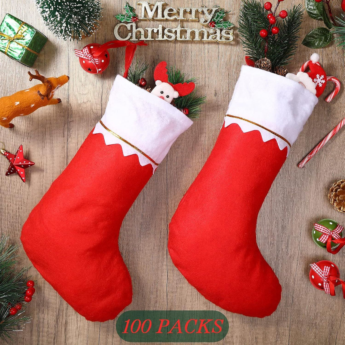 100 Pieces elt Christmas Stockings 15 Inch Party avors Stockings Xmas Decoration Stocking Rustic Santa Stocking or Christmas(Red with White Trim)