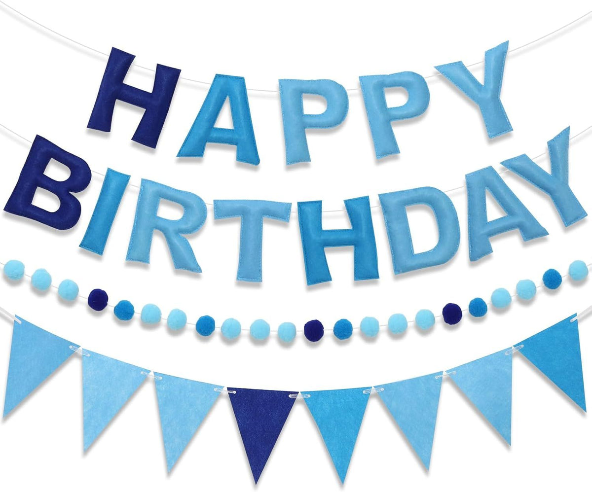 Pre-Strung Happy Birthday Banner & Felt Garland Set - Ombre Blue Birthday Decorations for Women Men Boys Girls | Reusable Party Supplies for Indoor & Outdoor