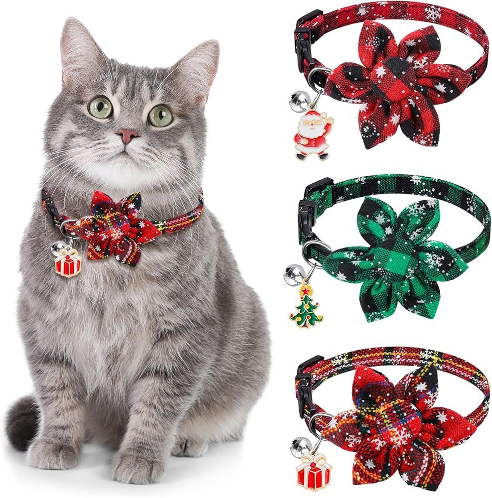 3 Pack Cat Collars, Christmas Flower Kitten Collars with Adjustable Breakaway Bow Tie Bell Plaid Snowflake Xmas Pet Supplies for Cats