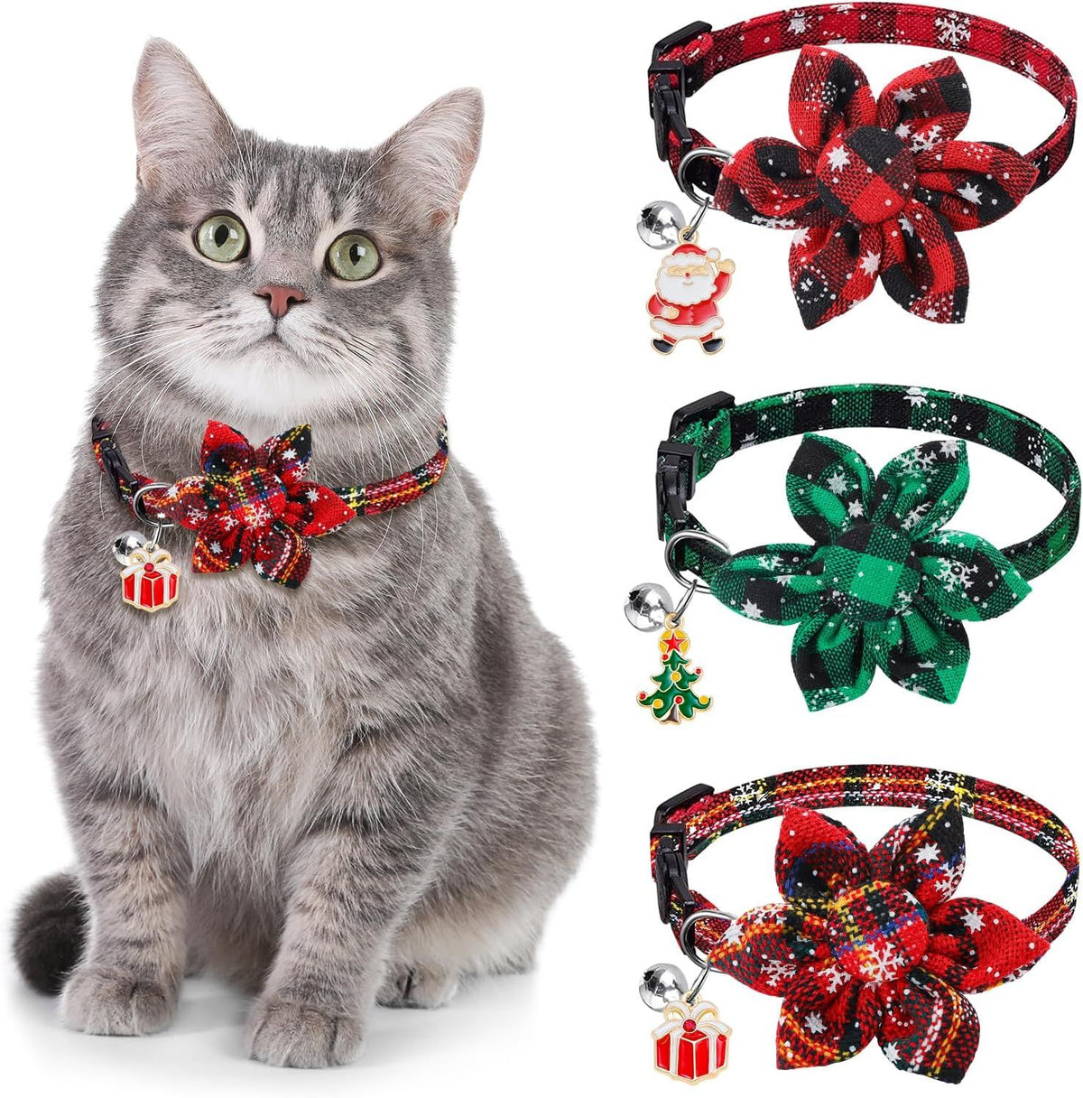 3 Pack Cat Collars, Christmas Flower Kitten Collars with Adjustable Breakaway Bow Tie Bell Plaid Snowflake Xmas Pet Supplies for Cats