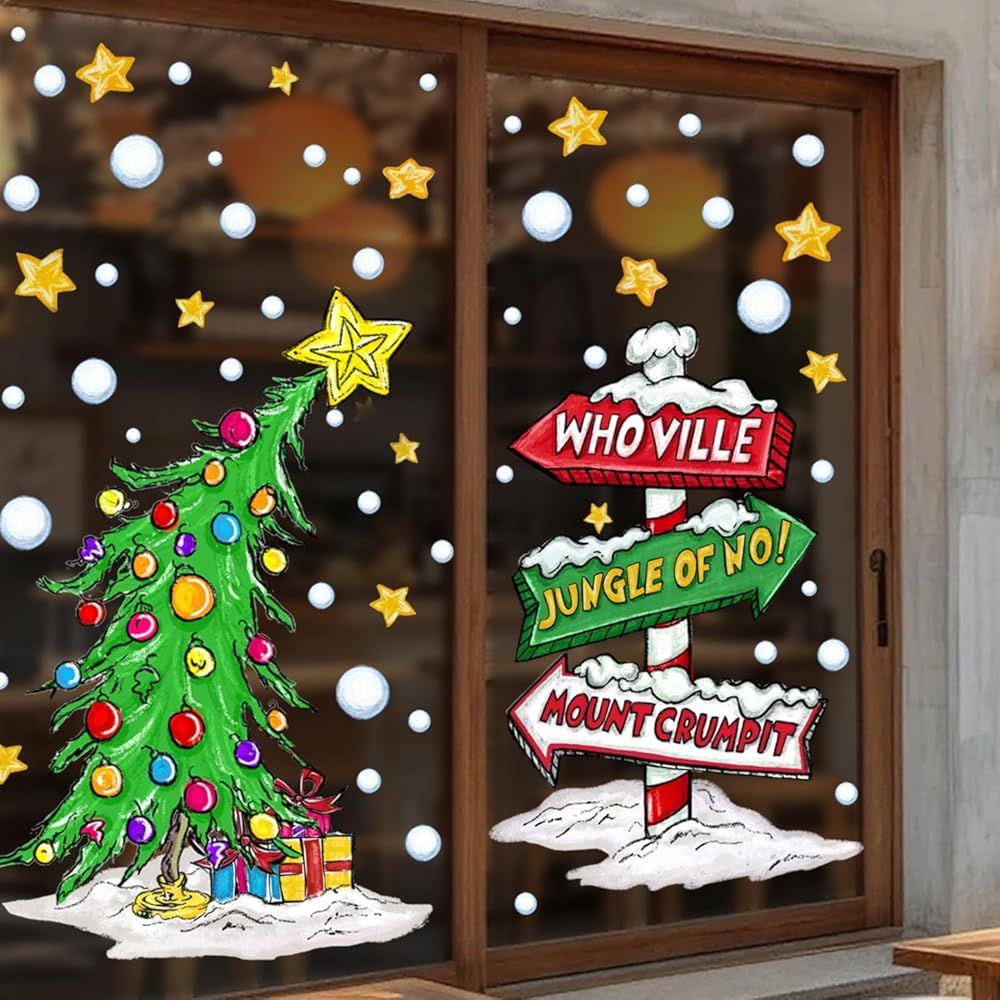 Christmas Window Clings Decorations,Extra Large Reusable Decals Rustic Curved Christmas Tree Arrow Yard Sign Stickers for Xmas Winter Holiday Home Office Party Glass Decor