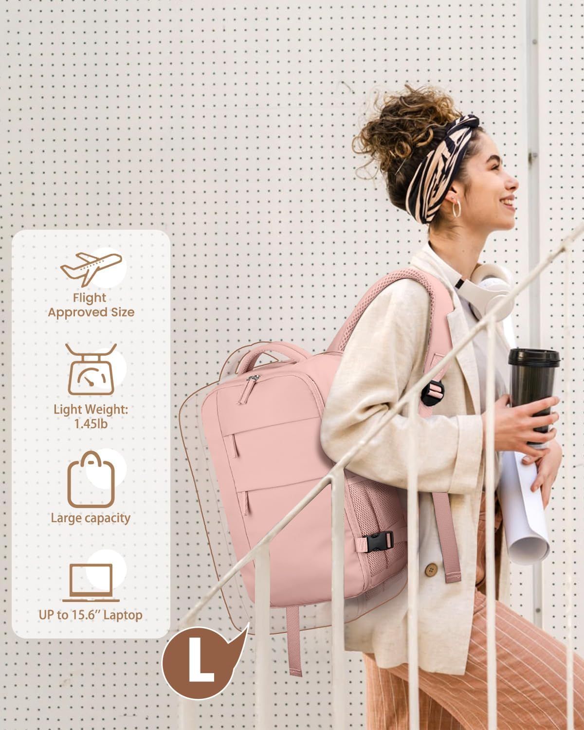 Travel Backpack for Women Man, Waterproof Personal Item Travel Bag Airline Approved Laptop Backpack Bookbag Weekender bags for Business,Travel, Work Fits 15.6 inch Laptop(Medium,Pink)