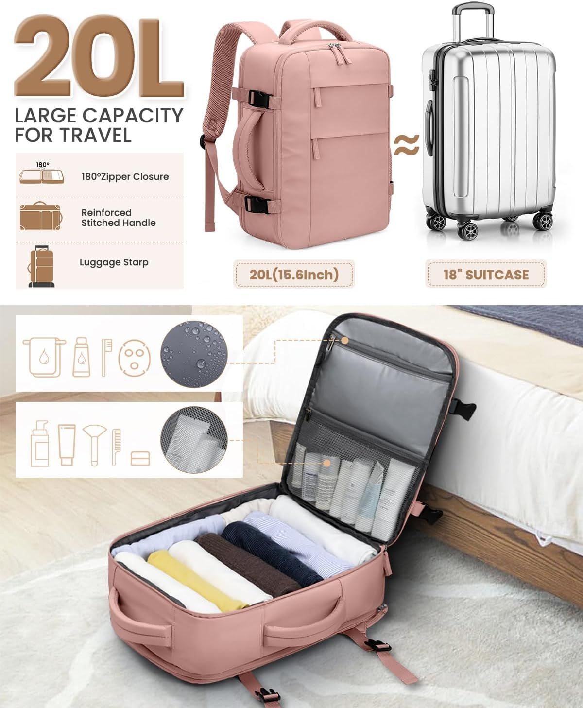 Travel Backpack for Women Man, Waterproof Personal Item Travel Bag Airline Approved Laptop Backpack Bookbag Weekender bags for Business,Travel, Work Fits 15.6 inch Laptop(Medium,Pink)