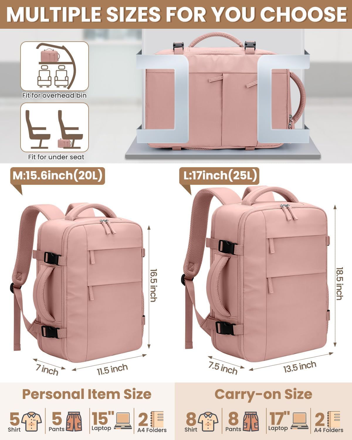 Travel Backpack for Women Man, Waterproof Personal Item Travel Bag Airline Approved Laptop Backpack Bookbag Weekender bags for Business,Travel, Work Fits 15.6 inch Laptop(Medium,Pink)