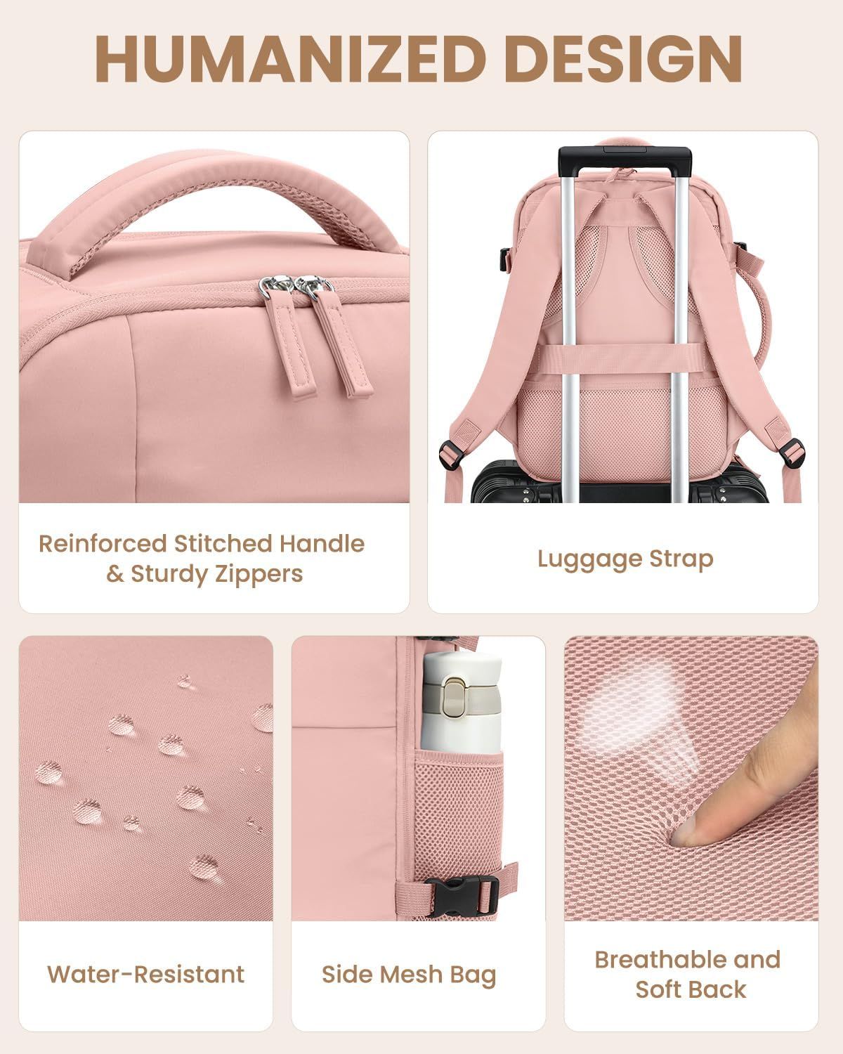Travel Backpack for Women Man, Waterproof Personal Item Travel Bag Airline Approved Laptop Backpack Bookbag Weekender bags for Business,Travel, Work Fits 15.6 inch Laptop(Medium,Pink)