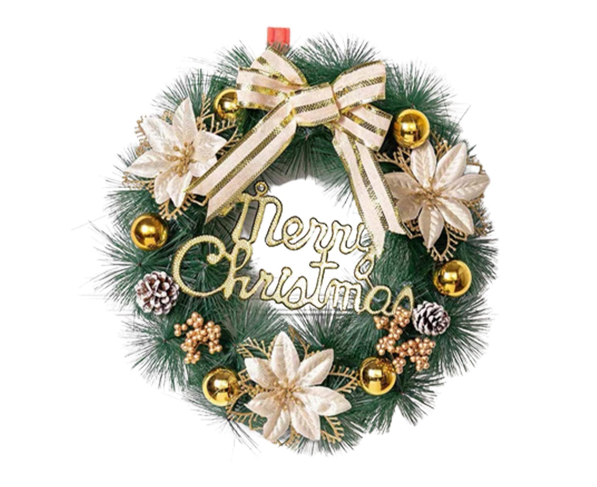 Xmas Wreath with Bow Colored Balls Three Flowers Ornamental Energy Saving Christmas Decoration Ultra-realistic Outdoor Lighted Christmas Wreath for Party-A