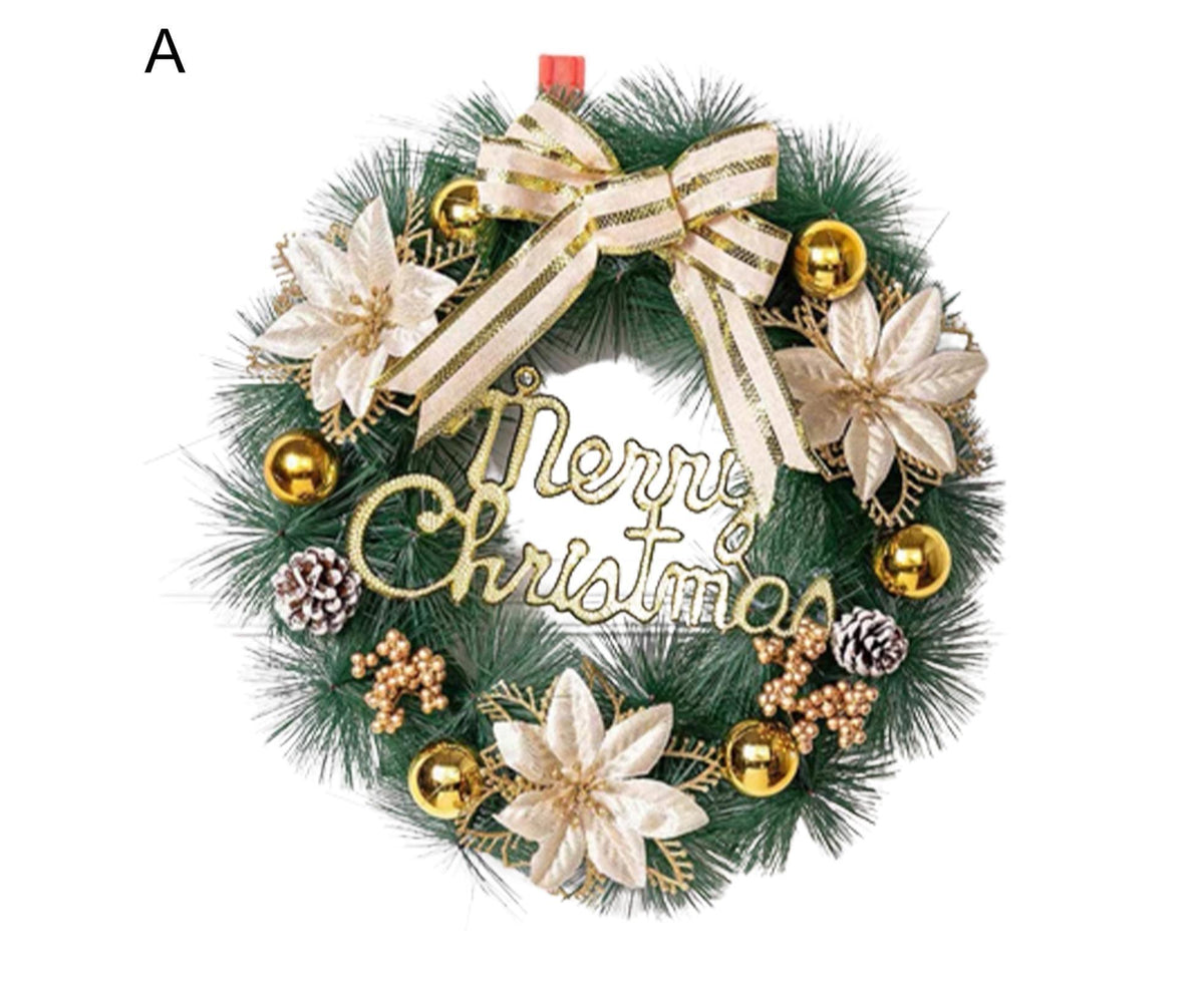 Xmas Wreath with Bow Colored Balls Three Flowers Ornamental Energy Saving Christmas Decoration Ultra-realistic Outdoor Lighted Christmas Wreath for Party-A
