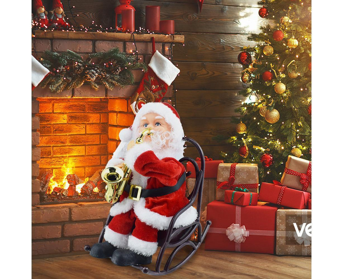 2024 Christmas Playing Saxophone Santa Claus in Chair with Music Electric Funny Santa Decoration Christmas Gifts
