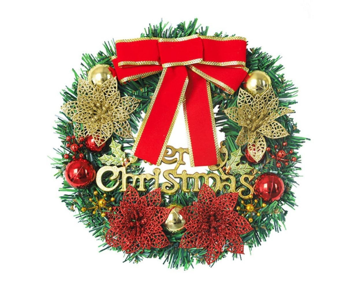 Merry Christmas Wreath 12 Inch Christmas Decorations Front Door Wreath Ornament Wall Artificial Pine Garland, with Bowknot, Bells, Red Berries - 30CM