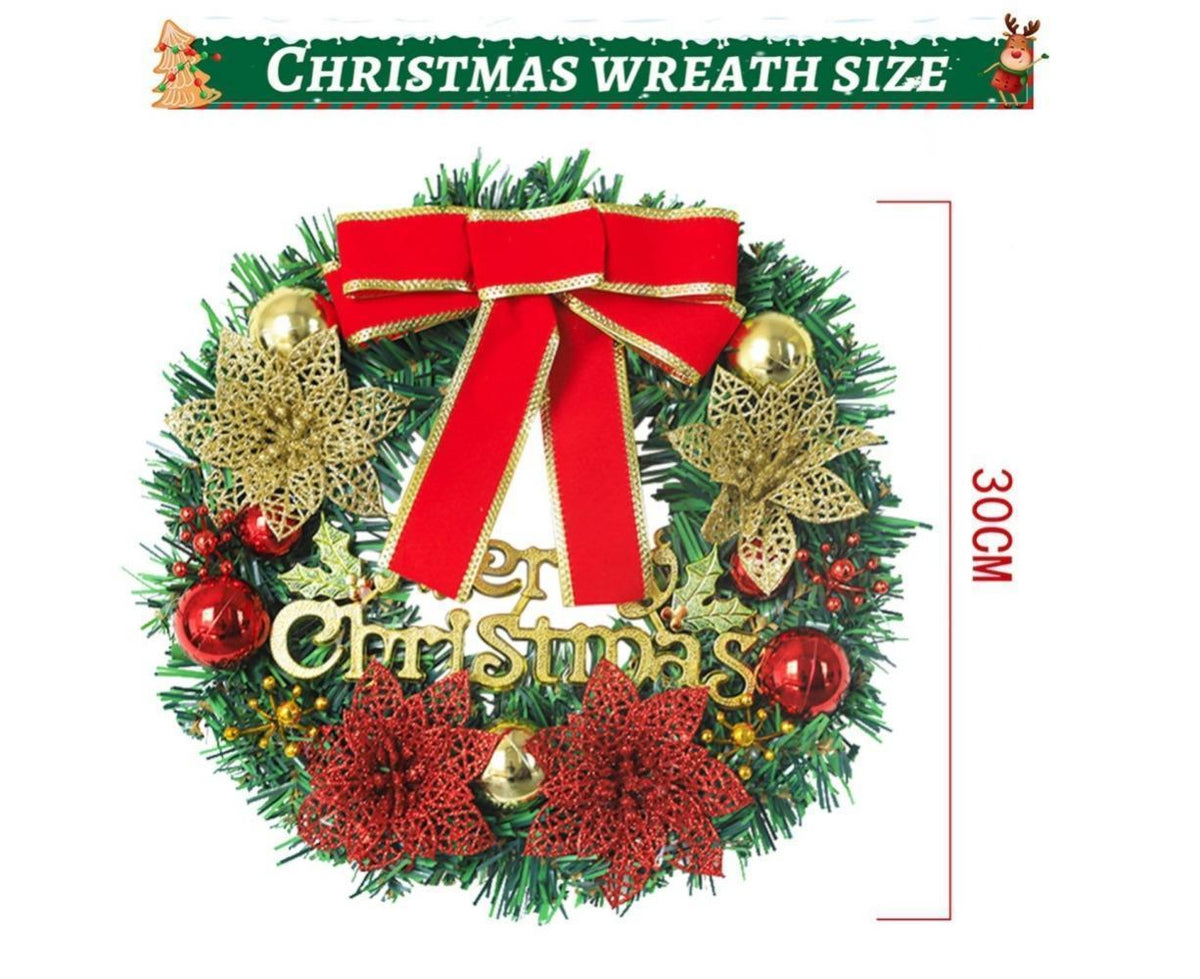 Merry Christmas Wreath 12 Inch Christmas Decorations Front Door Wreath Ornament Wall Artificial Pine Garland, with Bowknot, Bells, Red Berries - 30CM