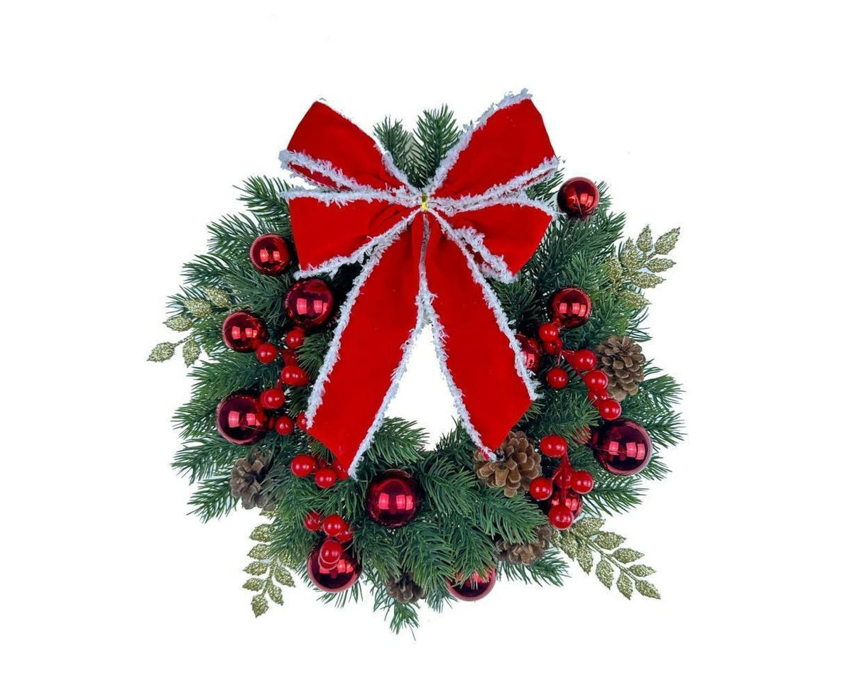 Red and White Holiday Wreath for Front Door - Cordless Wall Hanging Christmas Garland Trim for Indoor and Outdoor Decor - 40CM