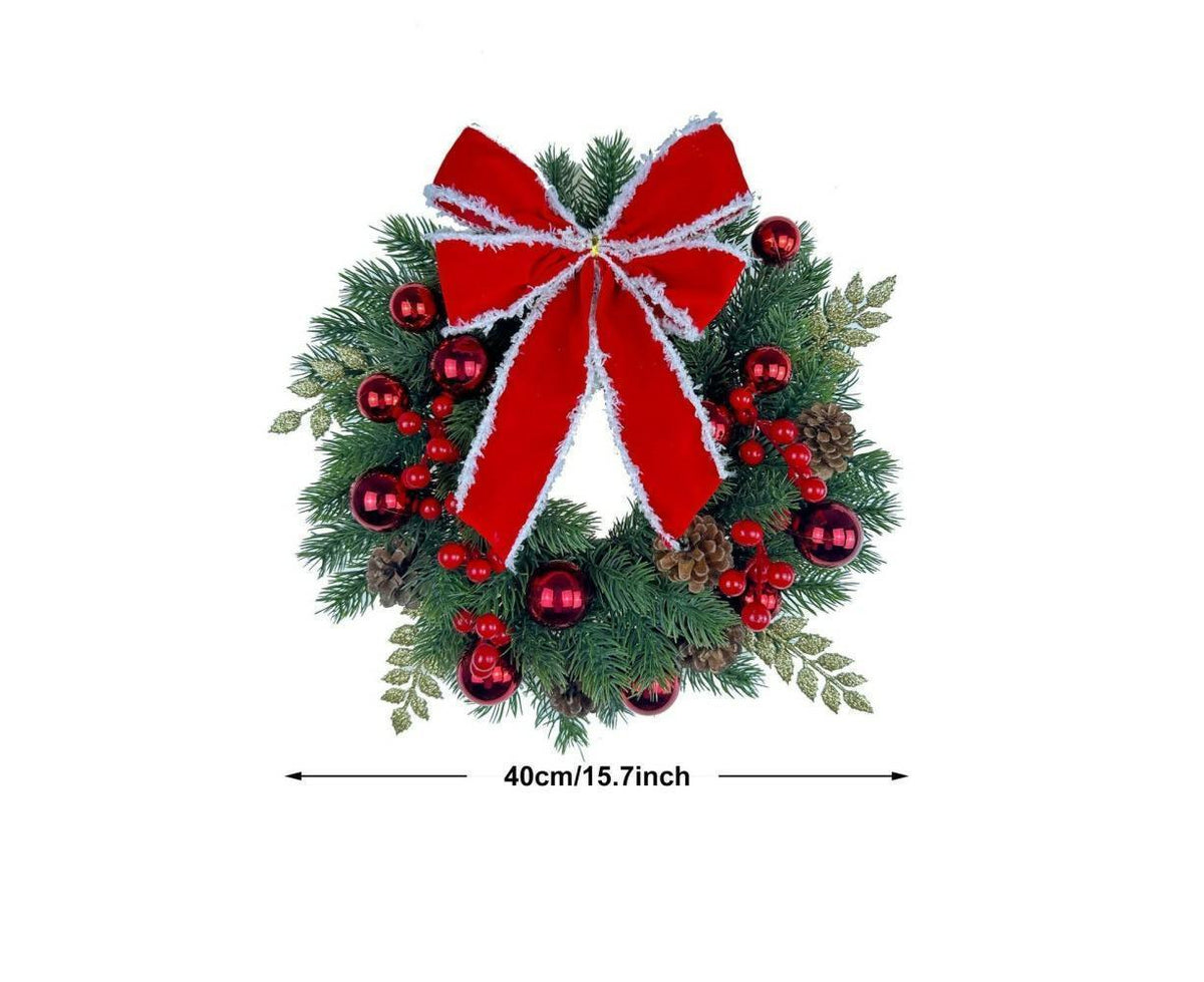 Red and White Holiday Wreath for Front Door - Cordless Wall Hanging Christmas Garland Trim for Indoor and Outdoor Decor - 40CM