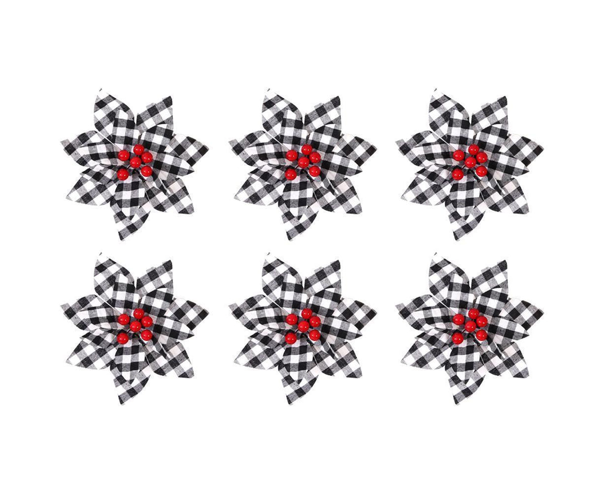 6 Pcs Christmas Plaid Flower Xmas Tree Ornaments For Vintage Xmas Tree Wreaths Wedding Holiday Decor,Black And White Plaid