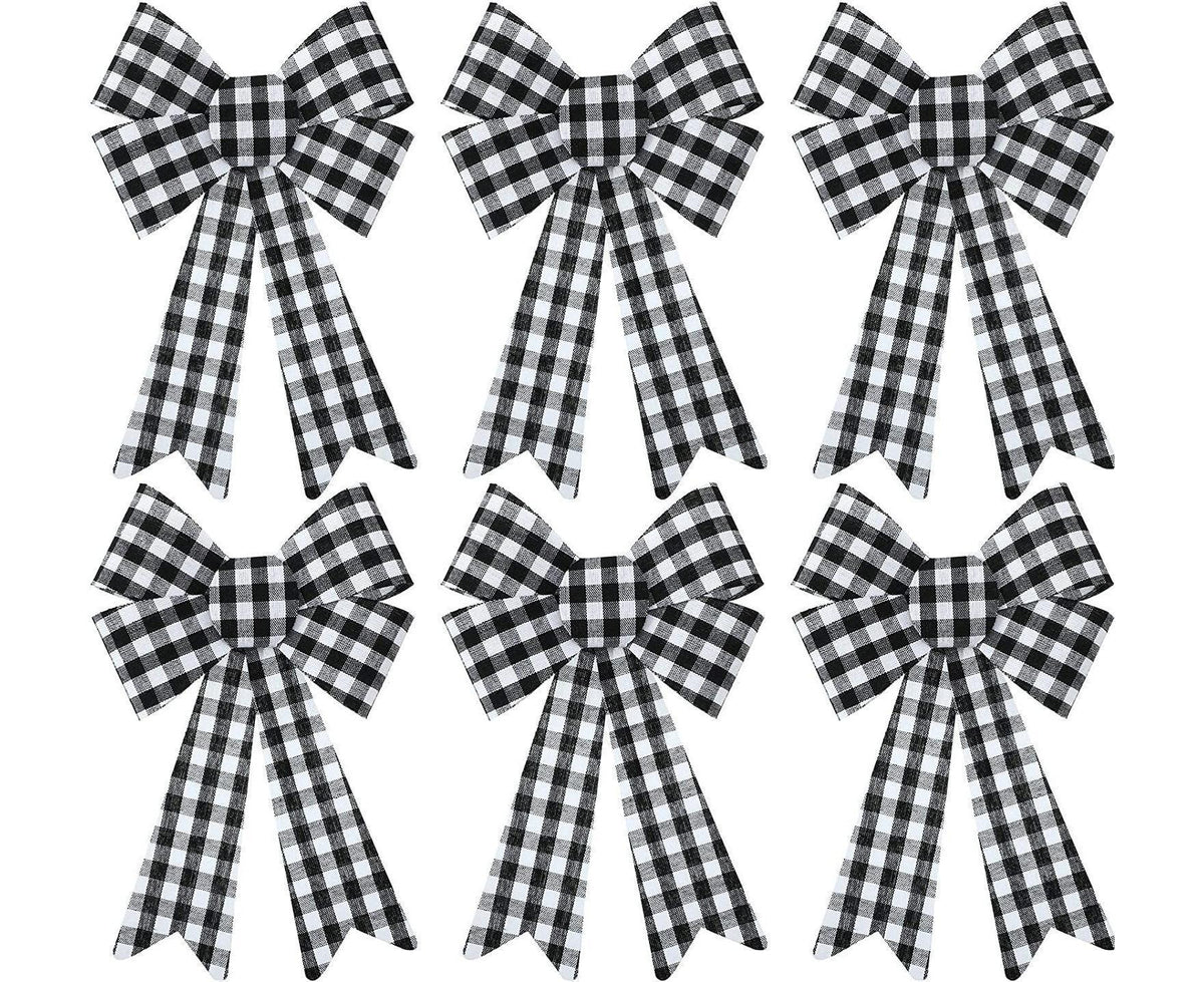 6 Pieces Large Christmas Wreath Bow Plaid Christmas Bow PVC Plastic Xmas Plaid Check Wrapping Bow for Christmas Indoor Outdoor Decorations - Black and White