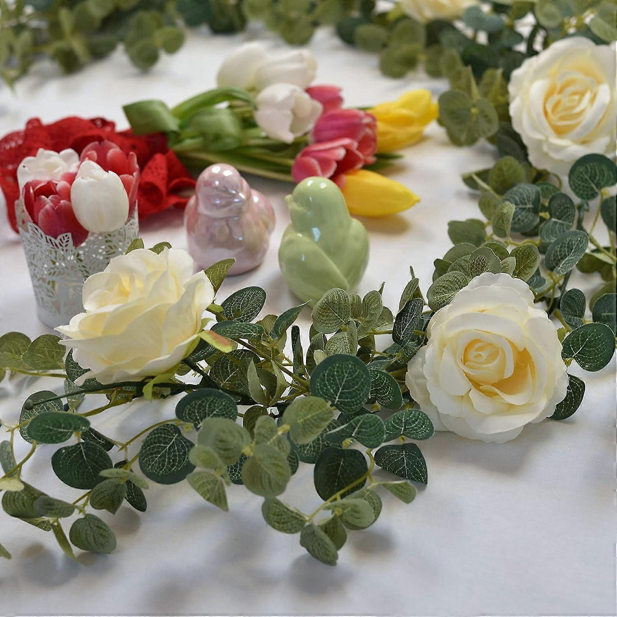 Artificial Eucalyptus Garland with Flowers Champagne Roses Long Fake Flower Garland Eucalyptus Leaves Greenery Garland