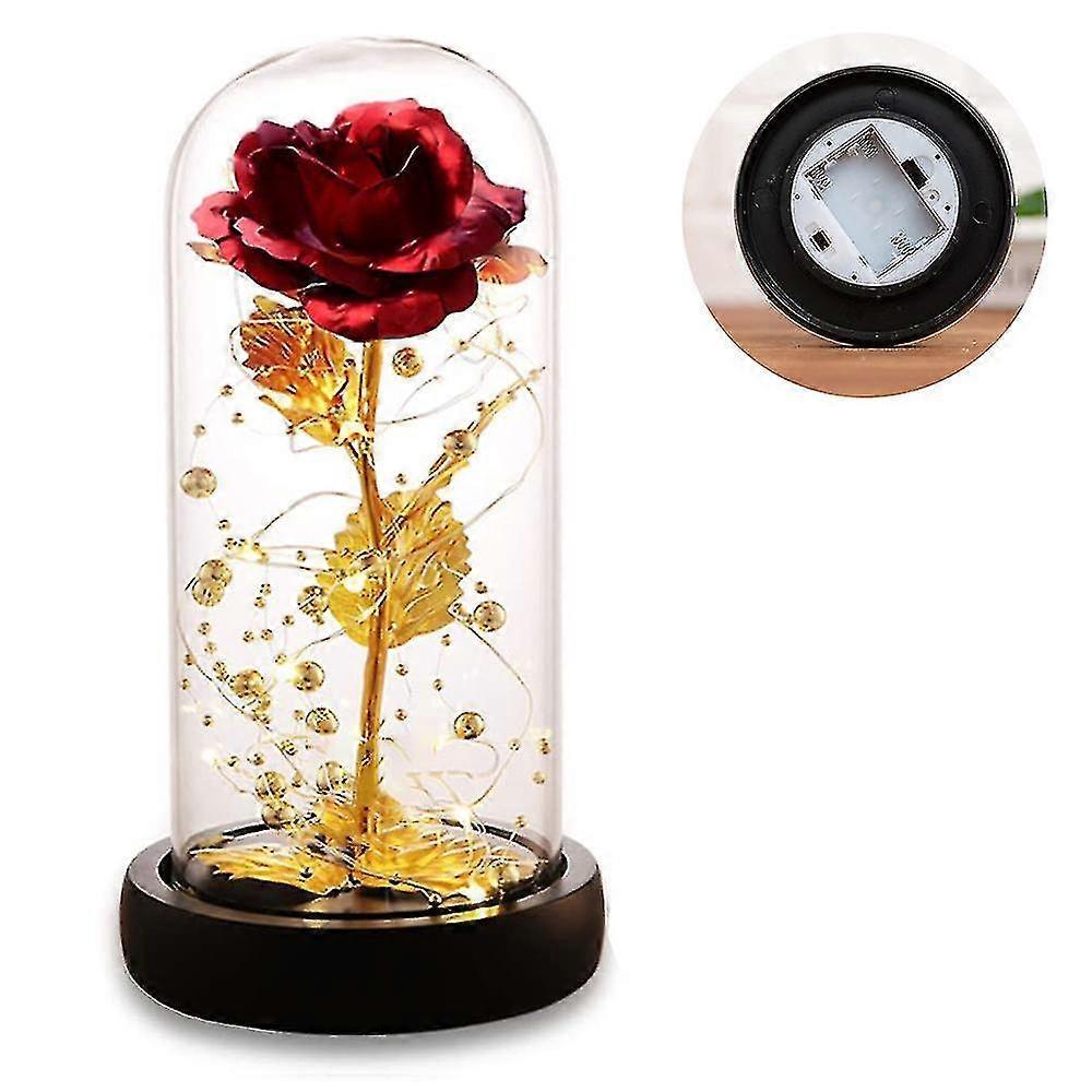 Silk Rose Gold Foil Leaf LED String Lights on Glass Dome with Wooden Base