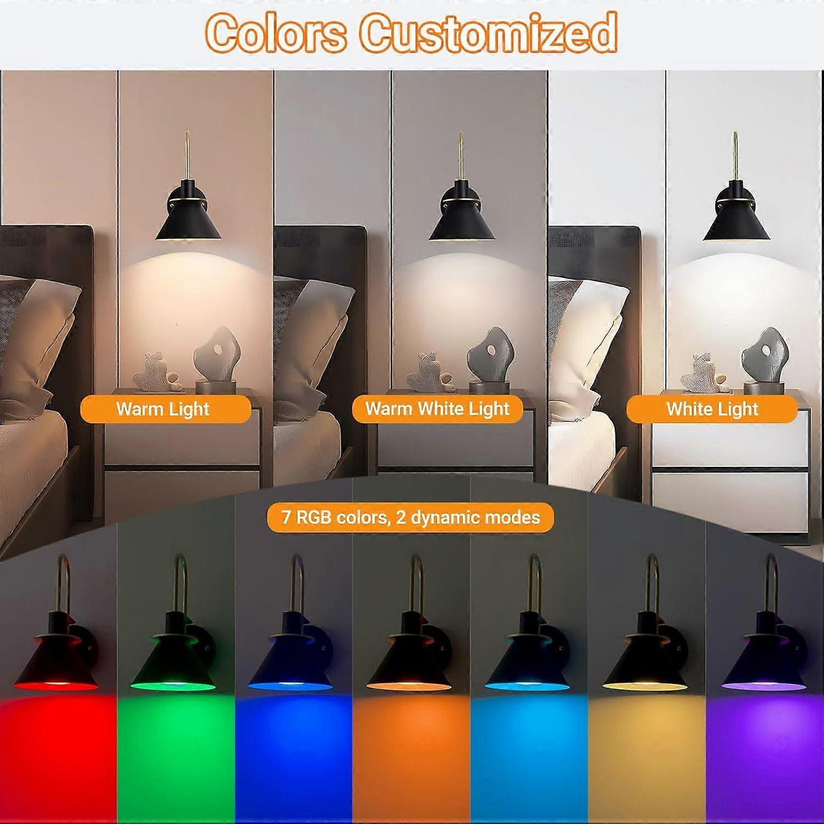 Battery Operated Wall Sconces Set of 2, RGB Wireless LED, Remote, 10000mAh, Black