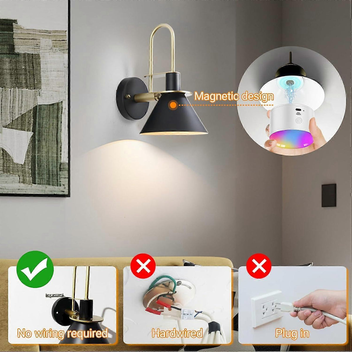 Battery Operated Wall Sconces Set of 2, RGB Wireless LED, Remote, 10000mAh, Black