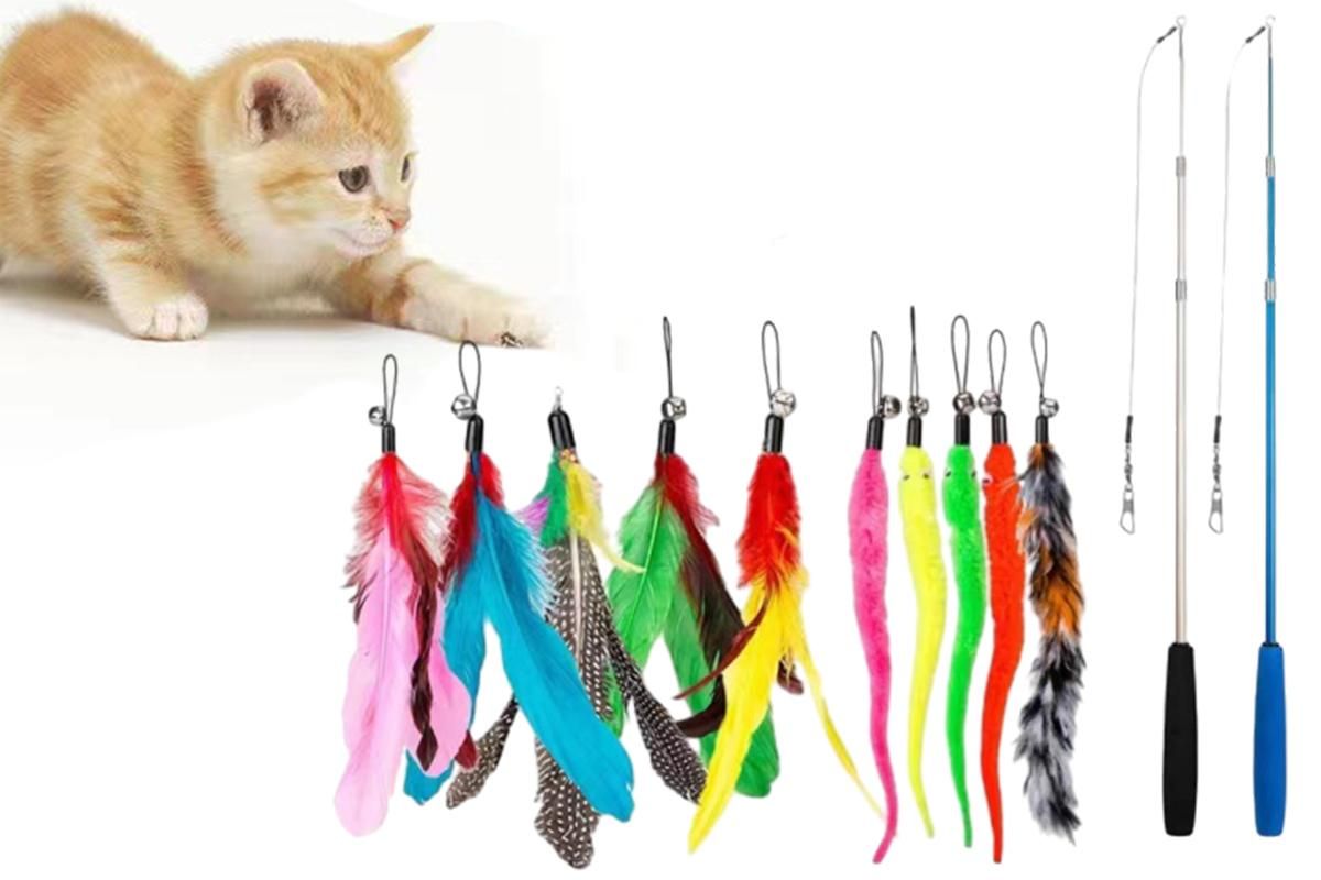 12Pcs Kitten Cat Feather Toy Bell Wand Teaser Rod Interactive Play Pet Toy