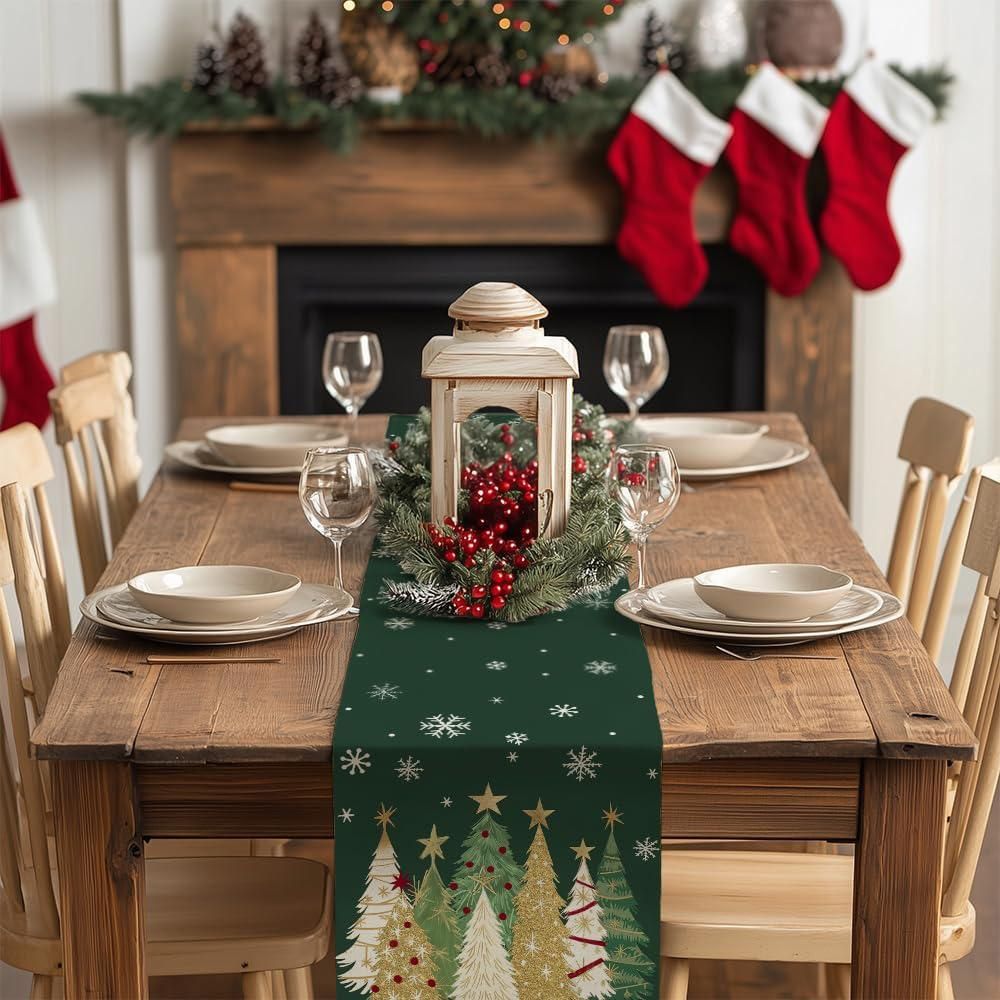 Christmas Table Runner Farmhouse Table Decoration for Kitchen Dinning - Green