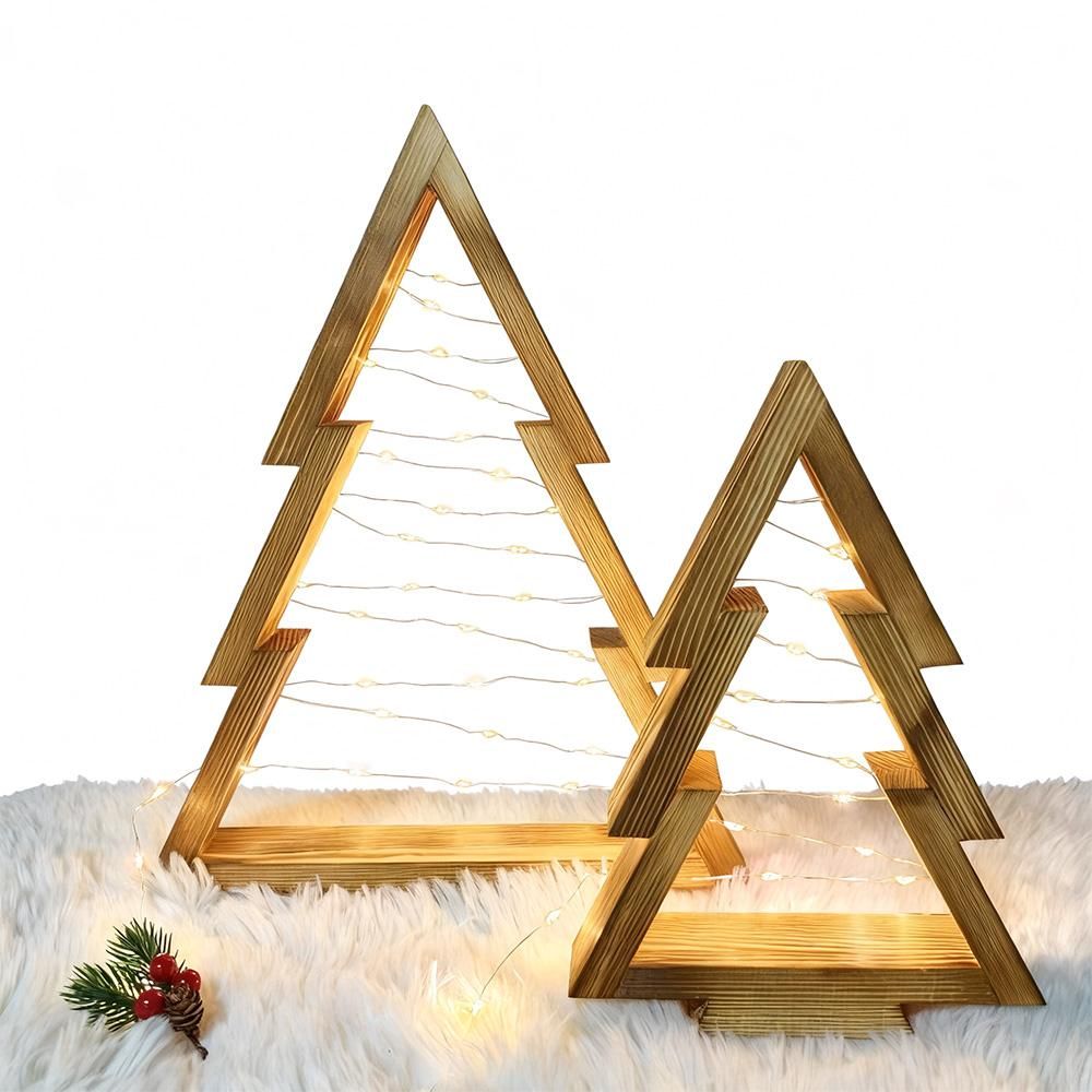 2 Pcs Triangle Tabletop Wooden Christmas Tree with Lights for Bedroom Kitchen Living Room Shelf Decor