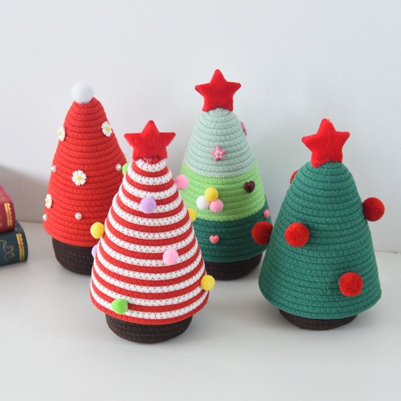 Christmas-themed cotton yarn woven storage basket, Christmas tree-shaped desktop storage box with lid, entryway key and remote control organizer - cosmetic storage box - red and white