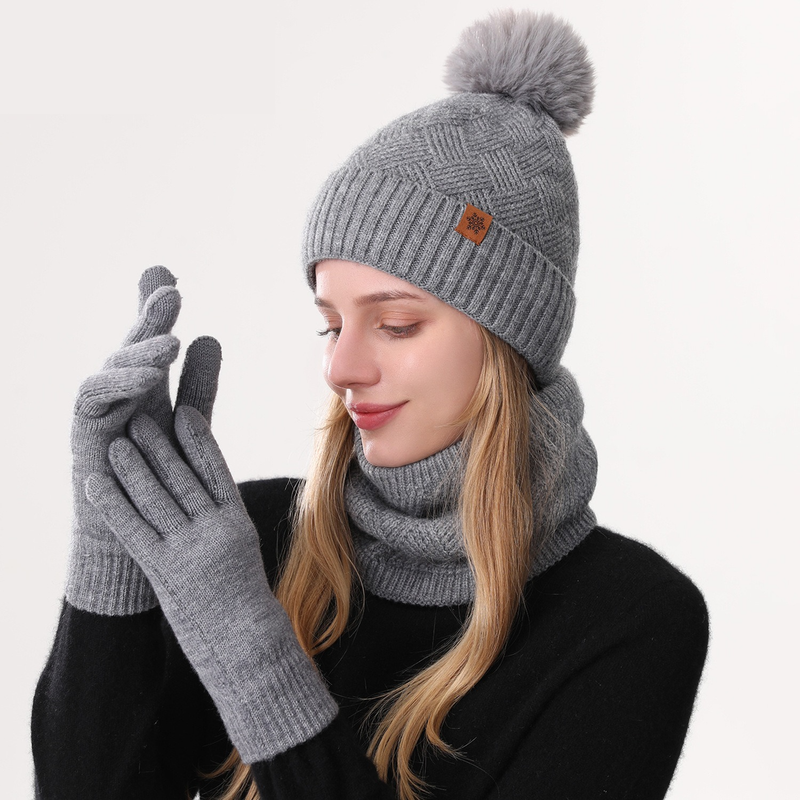 Women's Fashionable Winter 3-Piece Set: Knit Hat, Scarf, and Gloves. A must-have for outdoor skiing and cycling—Gray