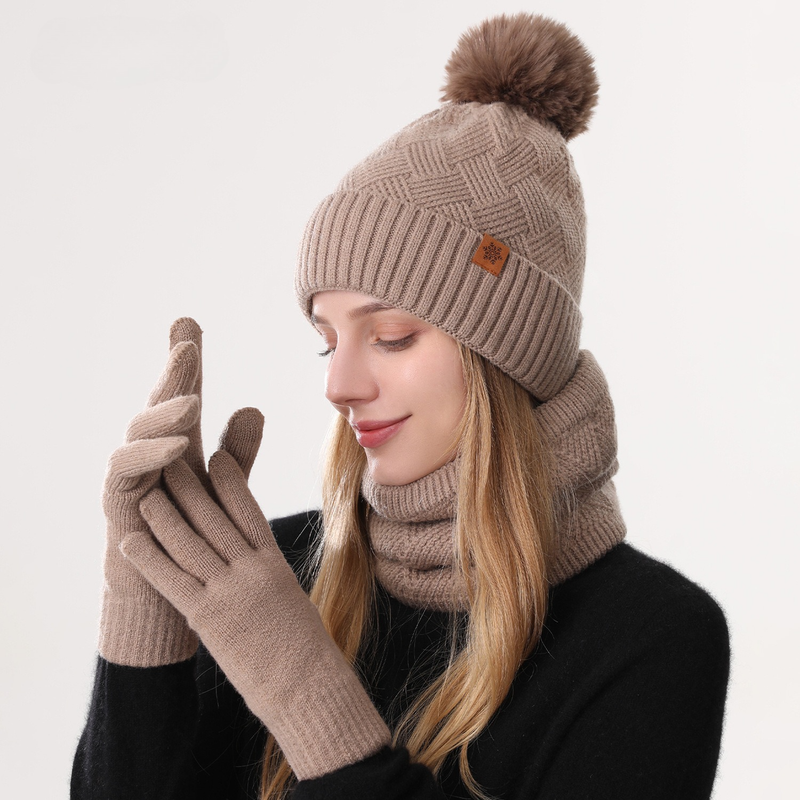 Women's Fashionable Winter 3-Piece Set: Knit Hat, Scarf, and Gloves. A must-have for outdoor skiing and cycling - Khaki