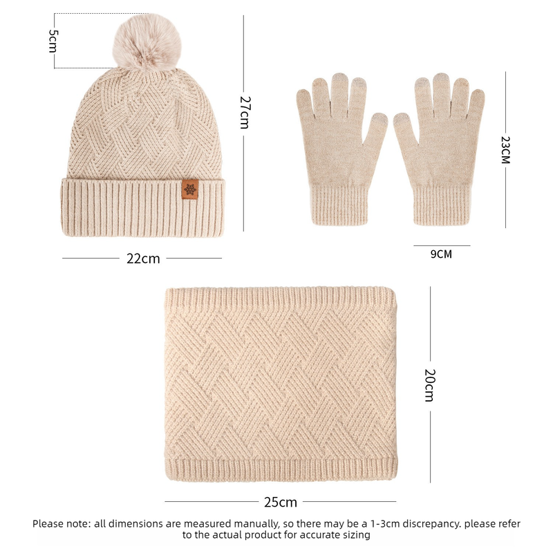 Women's Fashionable Winter 3-Piece Set: Knit Hat, Scarf, and Gloves. A must-have for outdoor skiing and cycling - Khaki