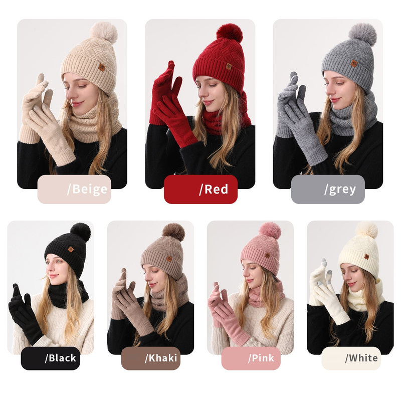 Women's Fashionable Winter 3-Piece Set: Knit Hat, Scarf, and Gloves. A must-have for outdoor skiing and cycling—Beige