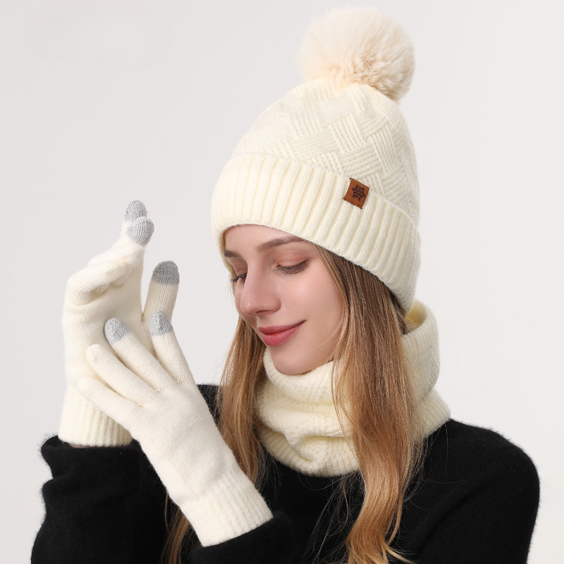 Women's Fashionable Winter 3-Piece Set: Knit Hat, Scarf, and Gloves. A must-have for outdoor skiing and cycling - Off-White
