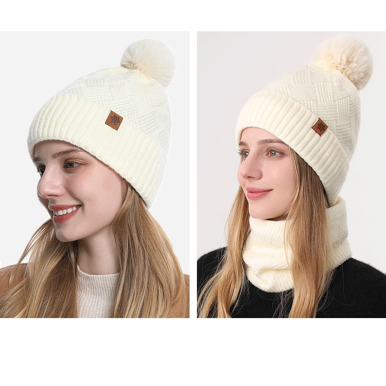 Women's Fashionable Winter 3-Piece Set: Knit Hat, Scarf, and Gloves. A must-have for outdoor skiing and cycling - Off-White