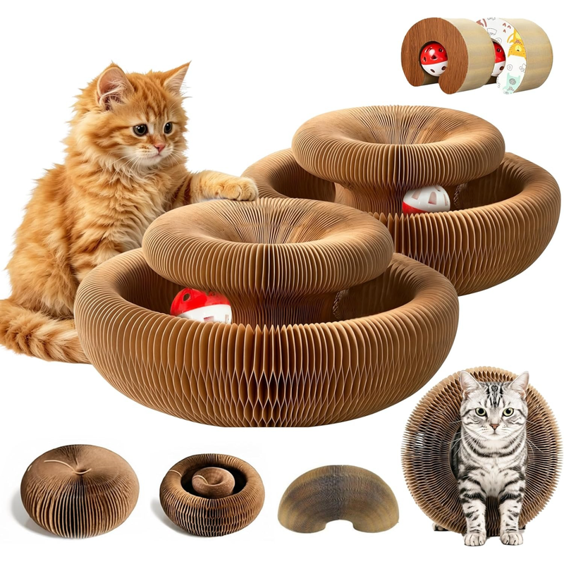 2-pack, Accordion-style Cat Scratcher, Versatile Foldable Corrugated Cardboard Scratching Board with Ball Toy