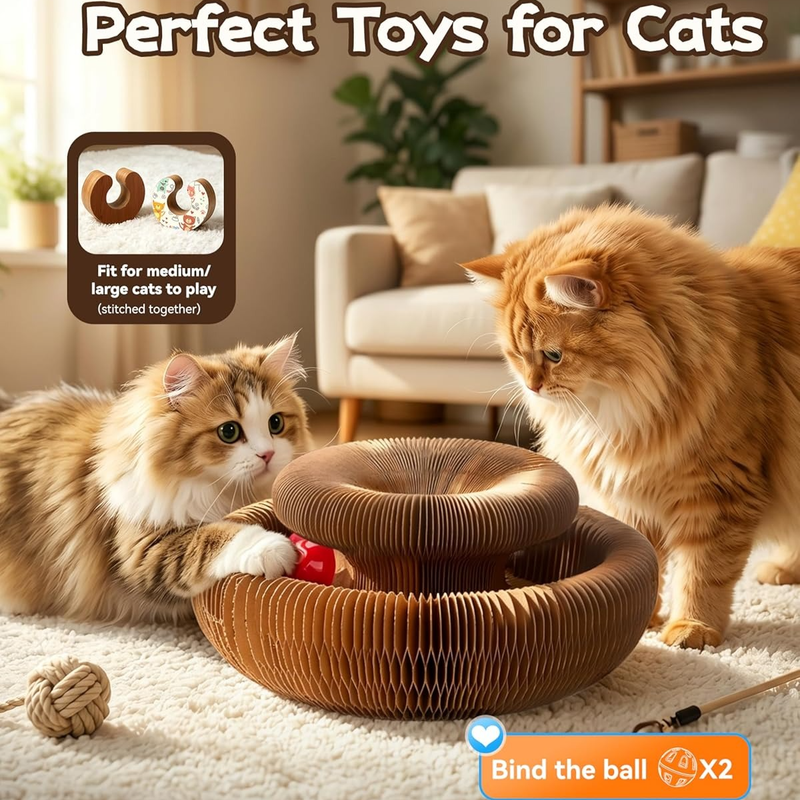 2-pack, Accordion-style Cat Scratcher, Versatile Foldable Corrugated Cardboard Scratching Board with Ball Toy