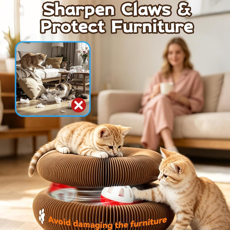 2-pack, Accordion-style Cat Scratcher, Versatile Foldable Corrugated Cardboard Scratching Board with Ball Toy