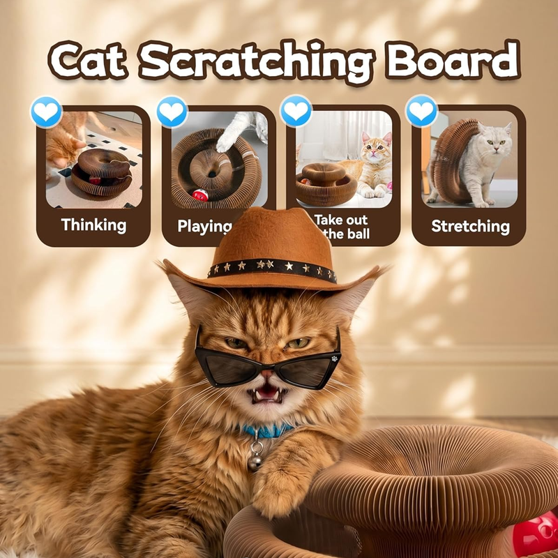 2-pack, Accordion-style Cat Scratcher, Versatile Foldable Corrugated Cardboard Scratching Board with Ball Toy