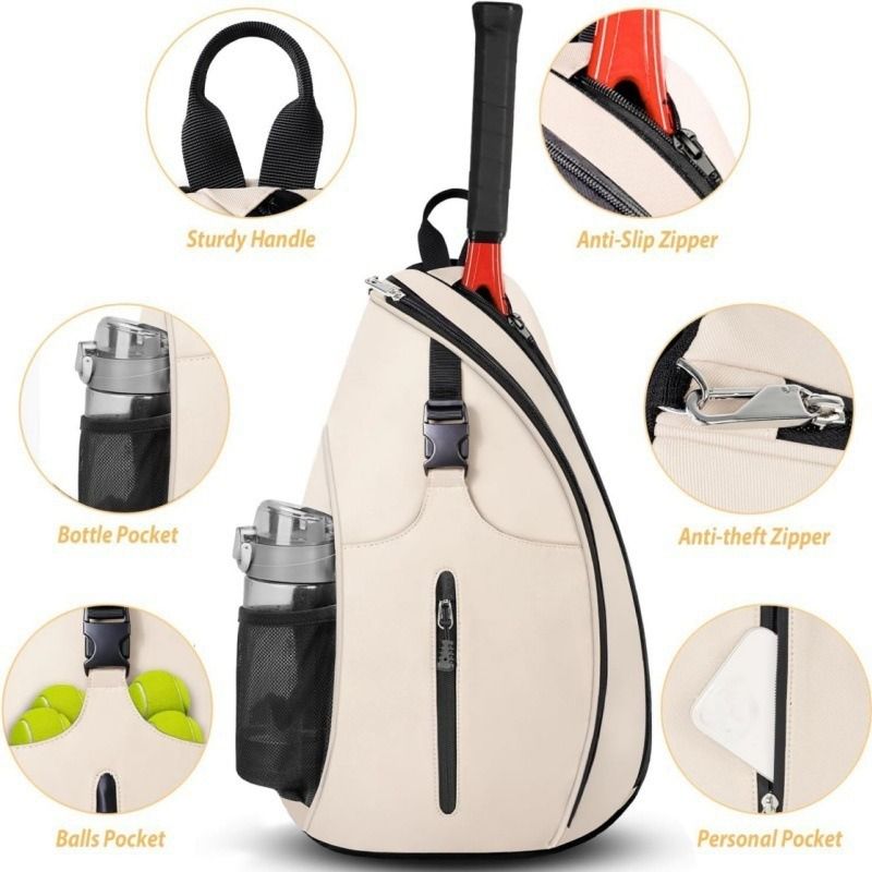Multifunction Sling Tennis Bag, Waterproof Oxford Crossbody Sports Backpack, with Water Bottle Pocket & Hidden Ball Compartment—Pink