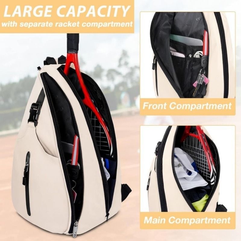Multifunction Sling Tennis Bag, Waterproof Oxford Crossbody Sports Backpack, with Water Bottle Pocket & Hidden Ball Compartment—Black
